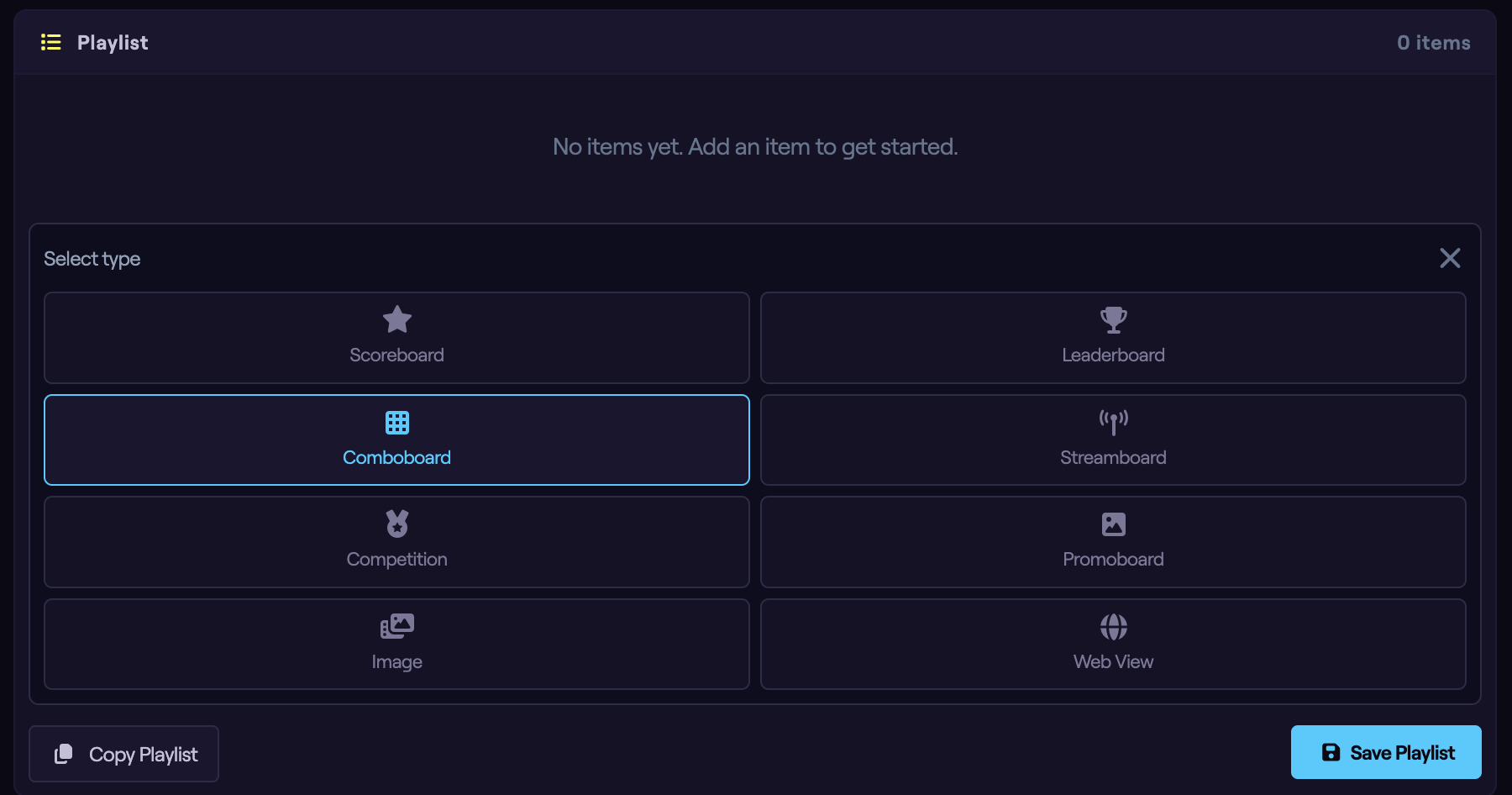 The Add Item type picker with the Comboboard option highlighted.