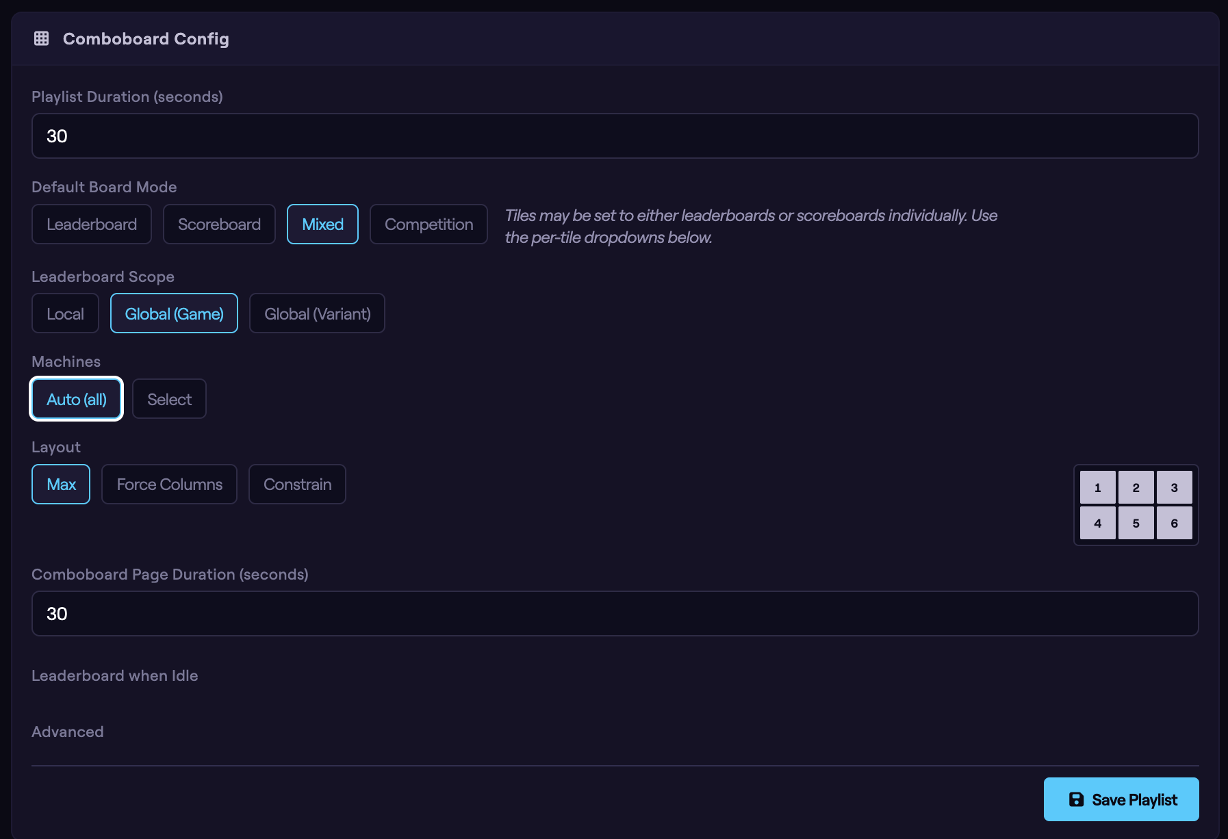 The Default Board Mode selector with Leaderboard, Scoreboard, Mixed, and Competition options.