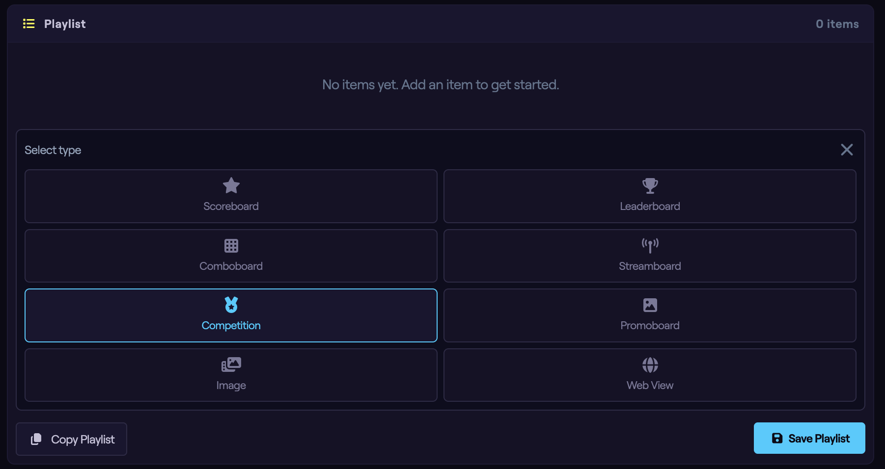 The Add Item type picker with the Competition option highlighted.