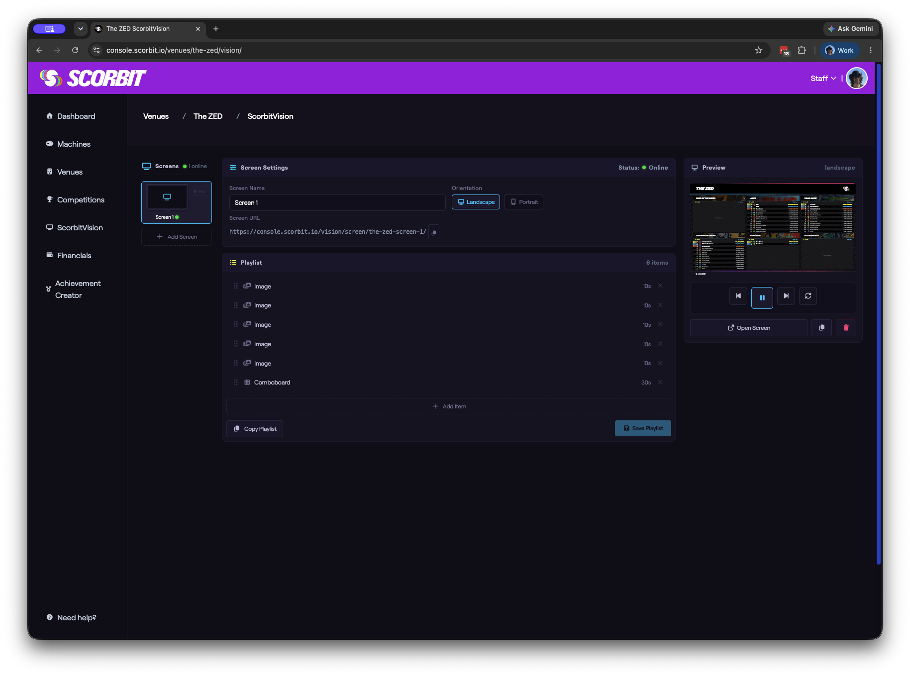 The ScorbitVision dashboard with its three columns: Screens on the left, Screen Settings and Playlist in the middle, and Preview on the right.