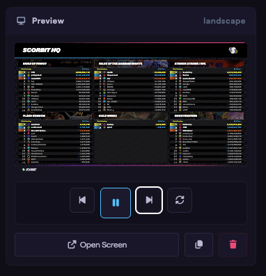The Preview column showing a rendered screen and the transport controls beneath it.