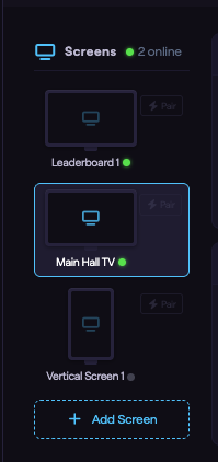 The Screens column showing one or more screen cards, each with a status dot, and the Add Screen button.