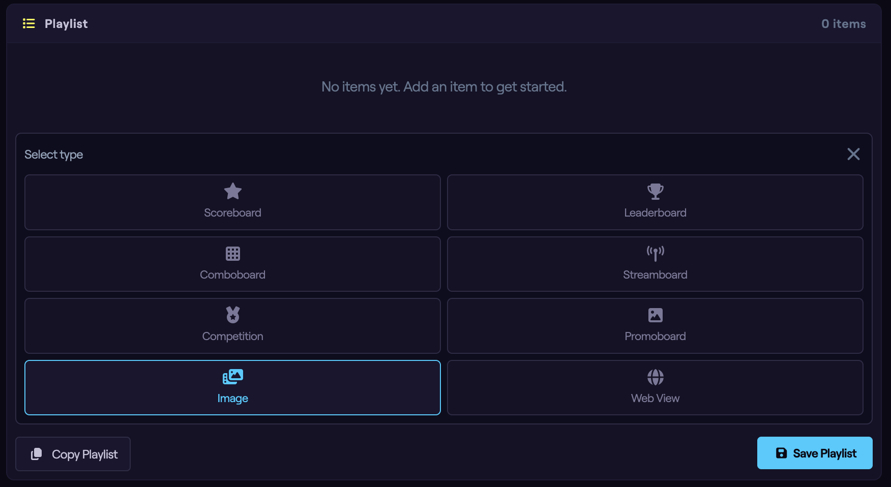 The Add Item type picker with the Image option highlighted.