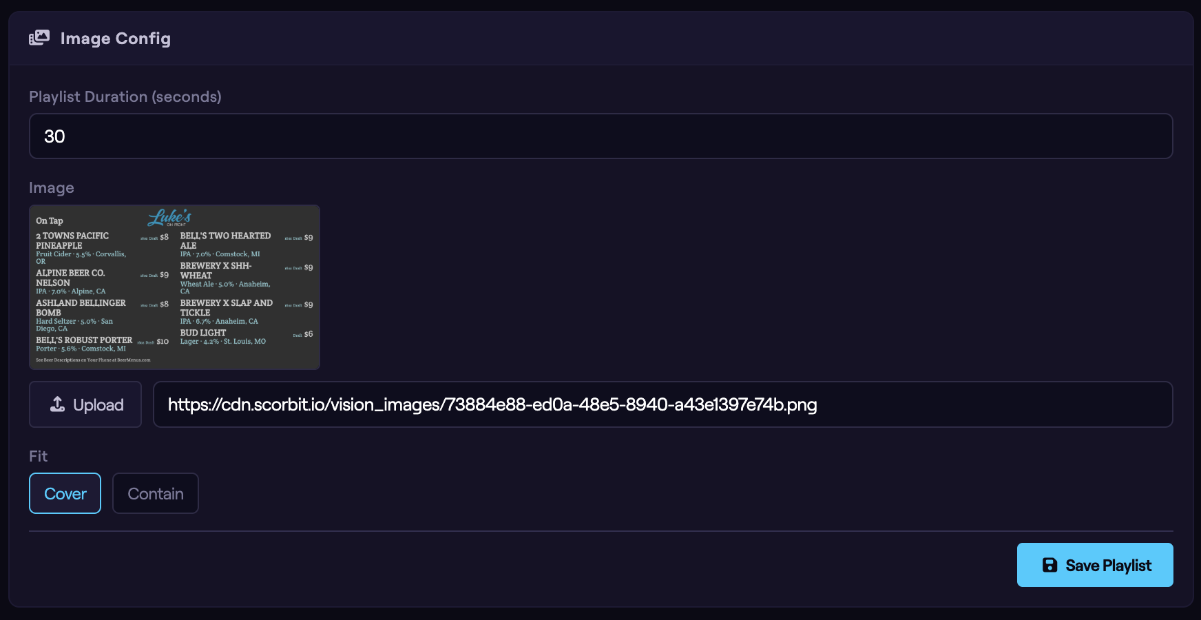 The image configuration panel showing the Upload button, URL field, and thumbnail preview.