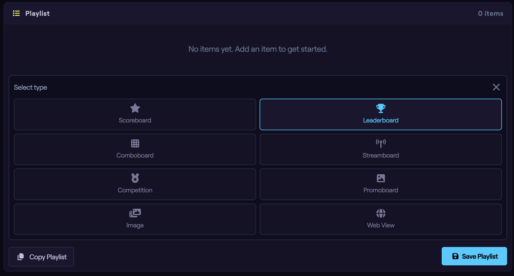 The Add Item type picker with the Leaderboard option highlighted.