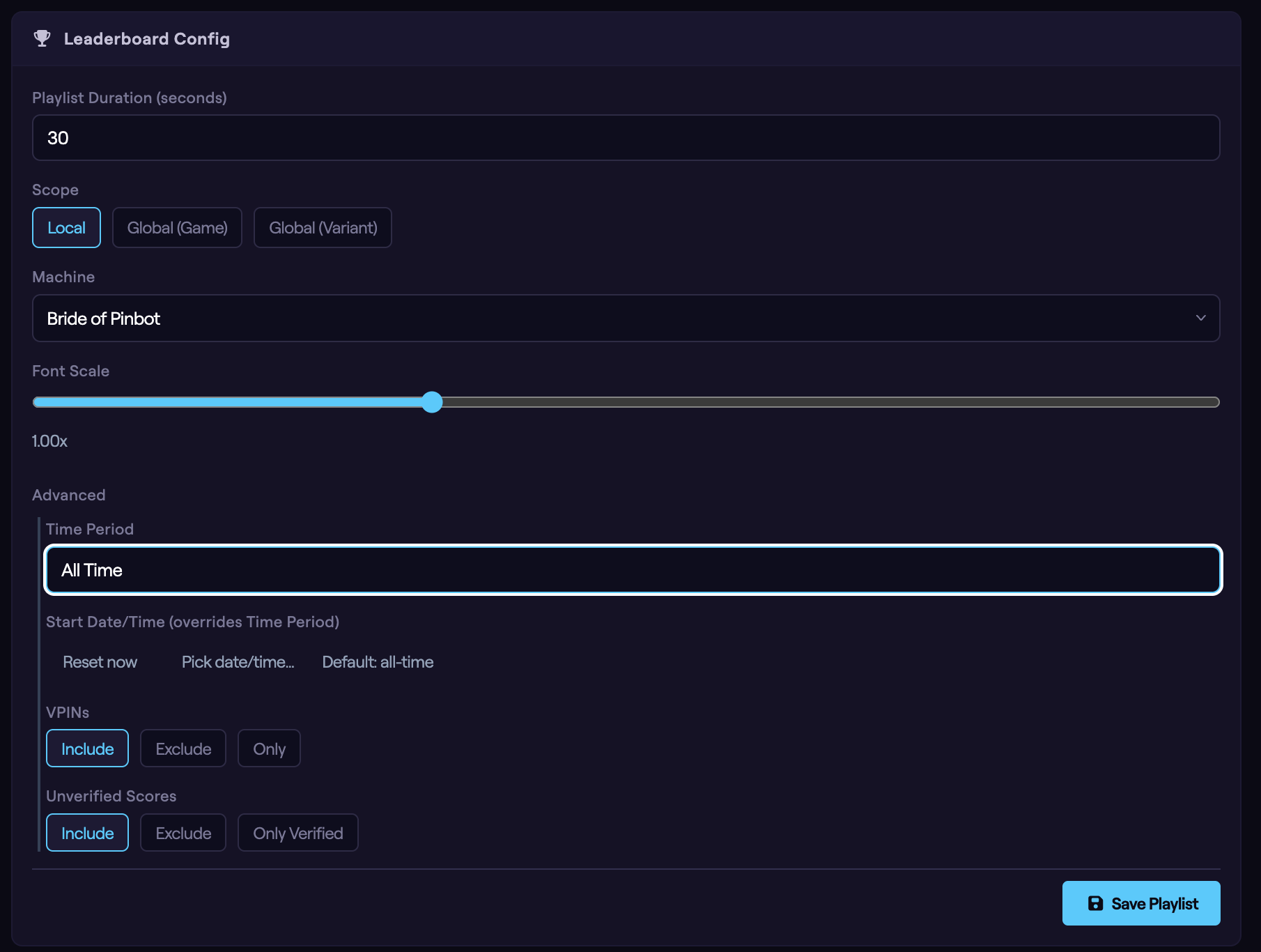 The expanded Advanced section showing Time Period, Start Date/Time, VPINs, Unverified Scores, and Event Filter.