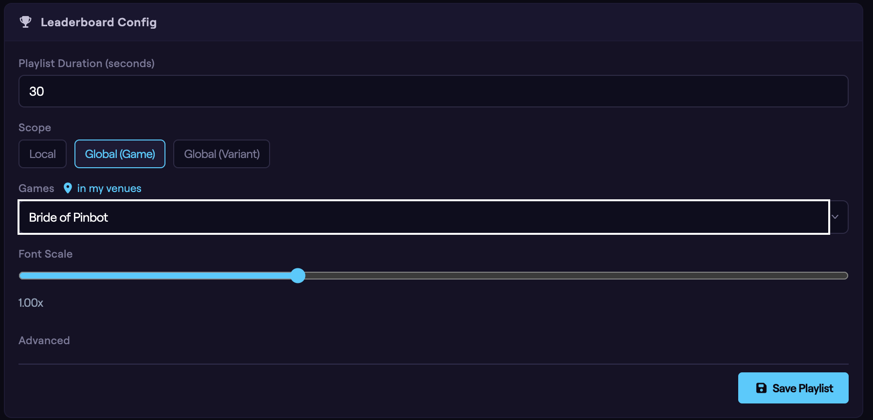 The leaderboard configuration panel showing the Scope toggle with Local, Global (Game), and Global (Variant) options.