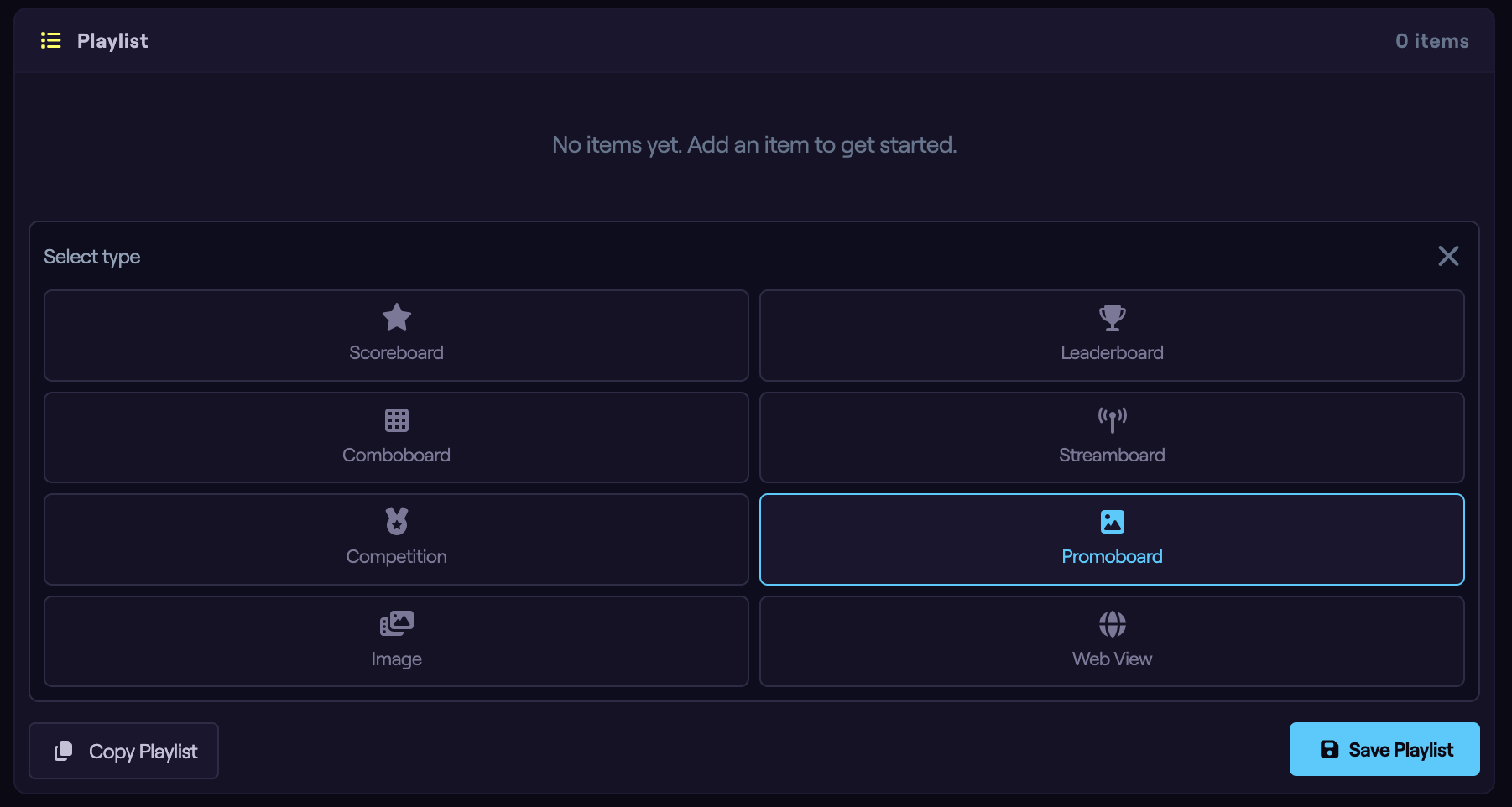 The Add Item type picker with the Promoboard option highlighted.