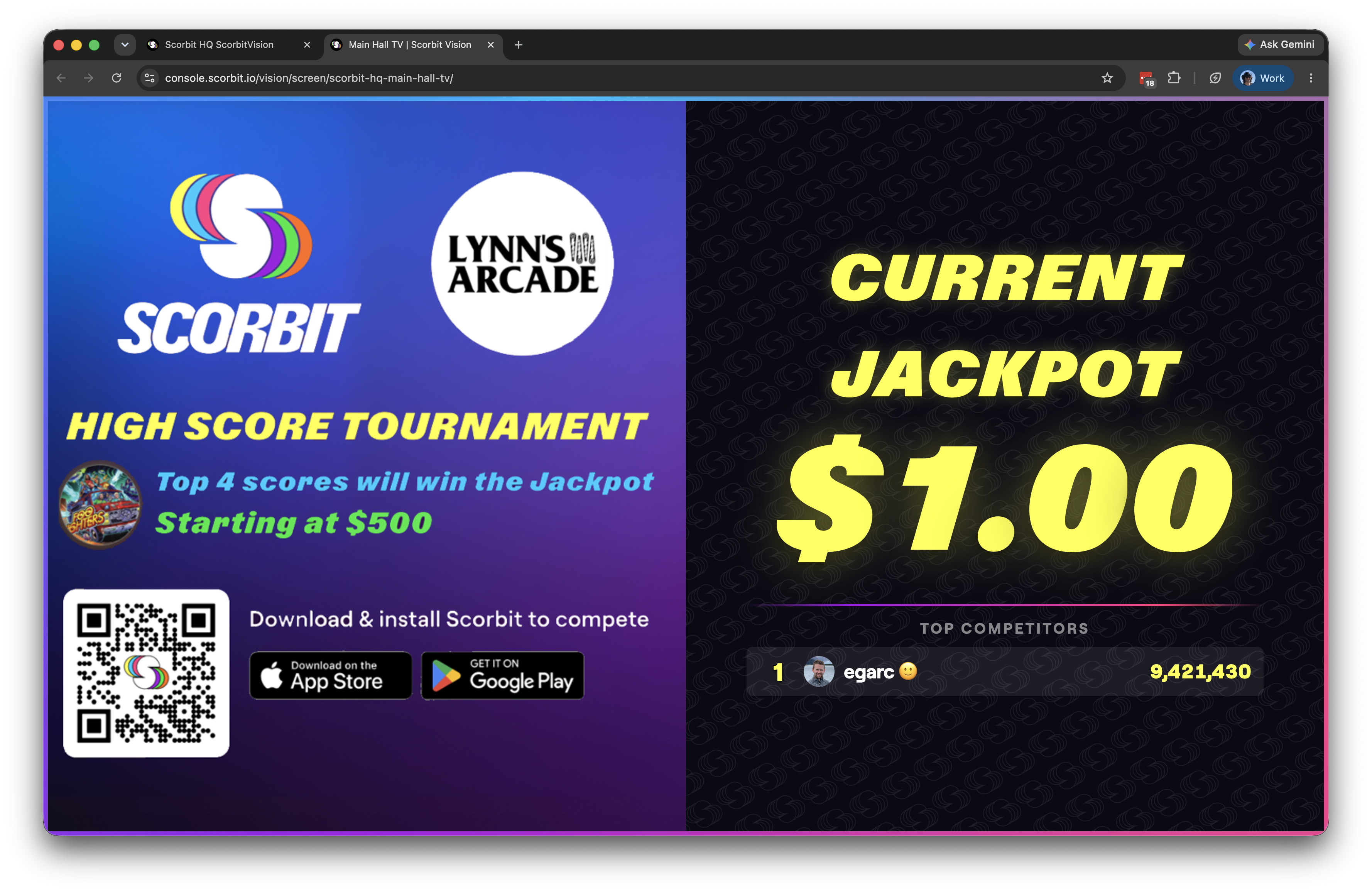 An example promoboard with a promotional image on one side and the jackpot and top competitors on the other.