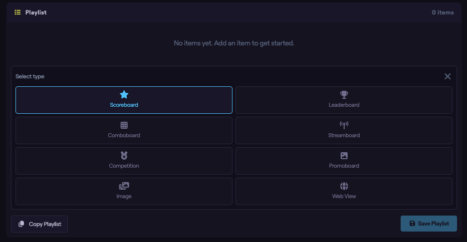 The Add Item type picker with the Scoreboard option highlighted.