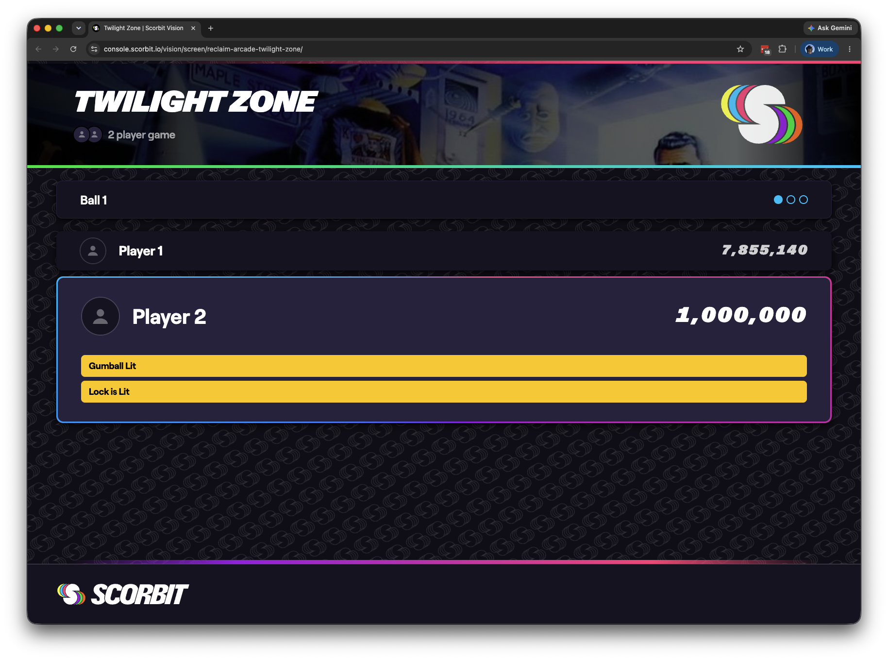An example ScorbitVision scoreboard showing the machine title with backglass art, the ball-status bar, and live player scores.