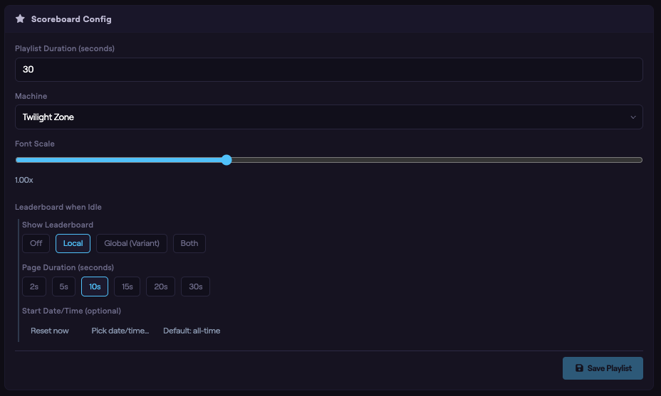 The expanded Leaderboard when Idle section showing the Show Leaderboard options, Page Duration, and Start Date/Time.