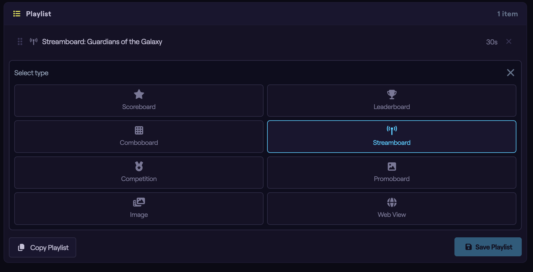 The Add Item type picker with the Streamboard option highlighted.