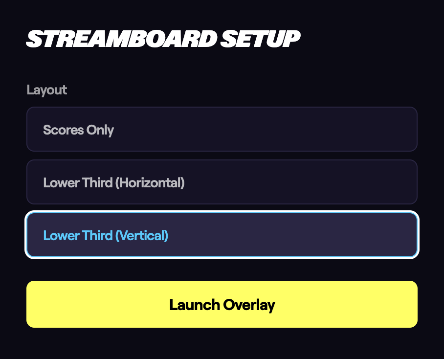 The Streamboard Setup control panel, opened by pressing C, showing the Layout picker and the Launch Overlay button.