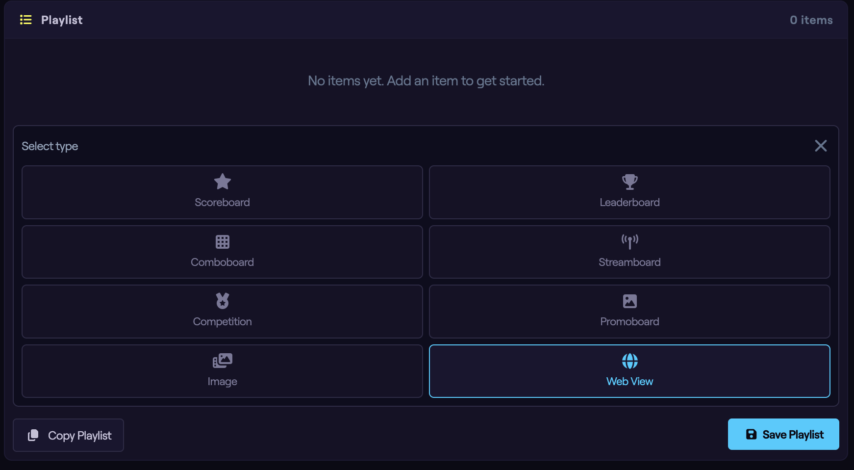 The Add Item type picker with the Webview option highlighted.